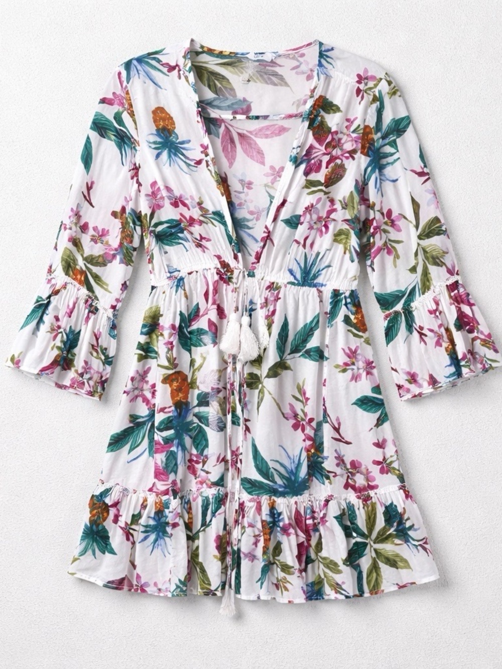 blue island White Floral Tie-Front Cover-up
